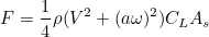 \begin{equation}  F = \frac{1}{4}\rho (V^2+(a\omega )^2)C_ LA_ s \end{equation}