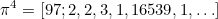 \begin{equation}  \pi ^4=[97;2,2,3,1,16539,1,\ldots ] \label{D4} \end{equation}